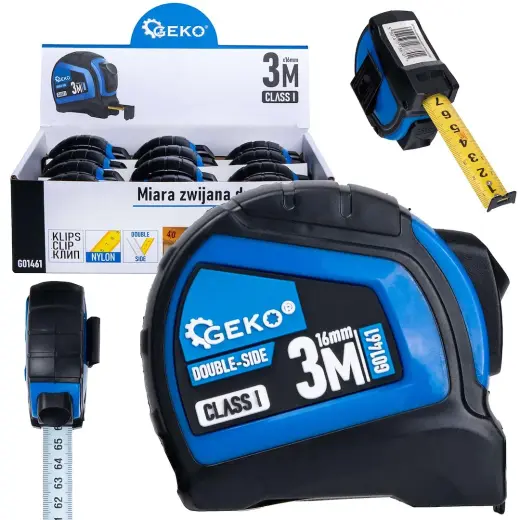 Double-sided nylon measuring tape with auto-stop 3m/16mm CLASS I – display box