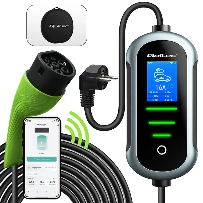 Qoltec Mobile EV Electric Car Charger with 2-in-1 Type 2 Adjustment | 3.5kW | 230V | SCHUKO 16A | Wi-fi | TUYA | SMART LIFE | LCD | LED | Portable | 5m