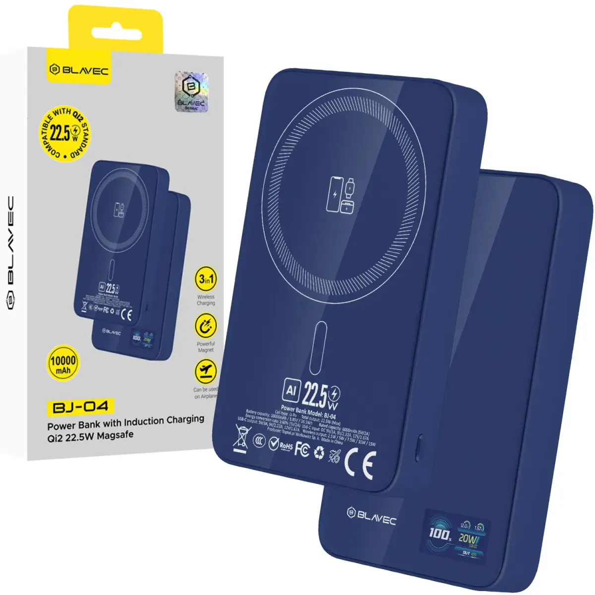 Blavec BJ-04 Slim ārējais akumulators (powerbank) | 10 000 mAh | 22.5W | USB-C, Wireless, MagSafe | zils