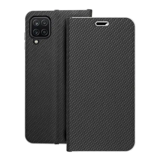 LUNA Carbon knyginio tipo telefono dėklas Samsung Galaxy A12 (A125) | M12 (M127) juodas
