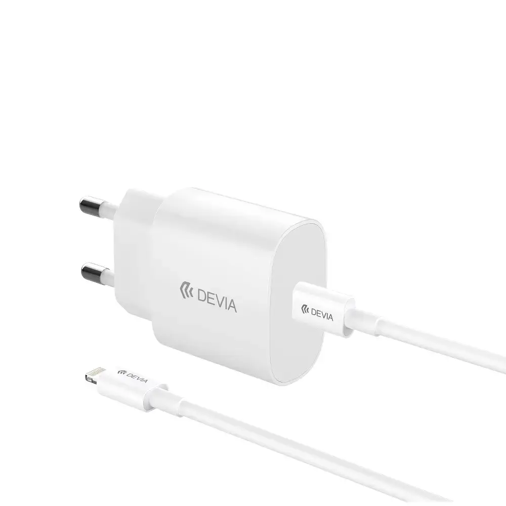 Devia Rocket tīkla lādētājs | 20W | PD, GaN | USB-C | ar USB-C uz Lightning vadu komplektā | balts