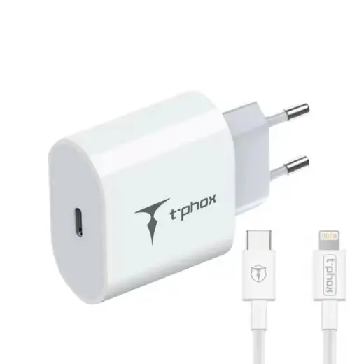T-Phox iSpeed tīkla lādētājs | 20W | USB-C, Lightning | ar USB-C uz Lightning vadu komplektā | balts