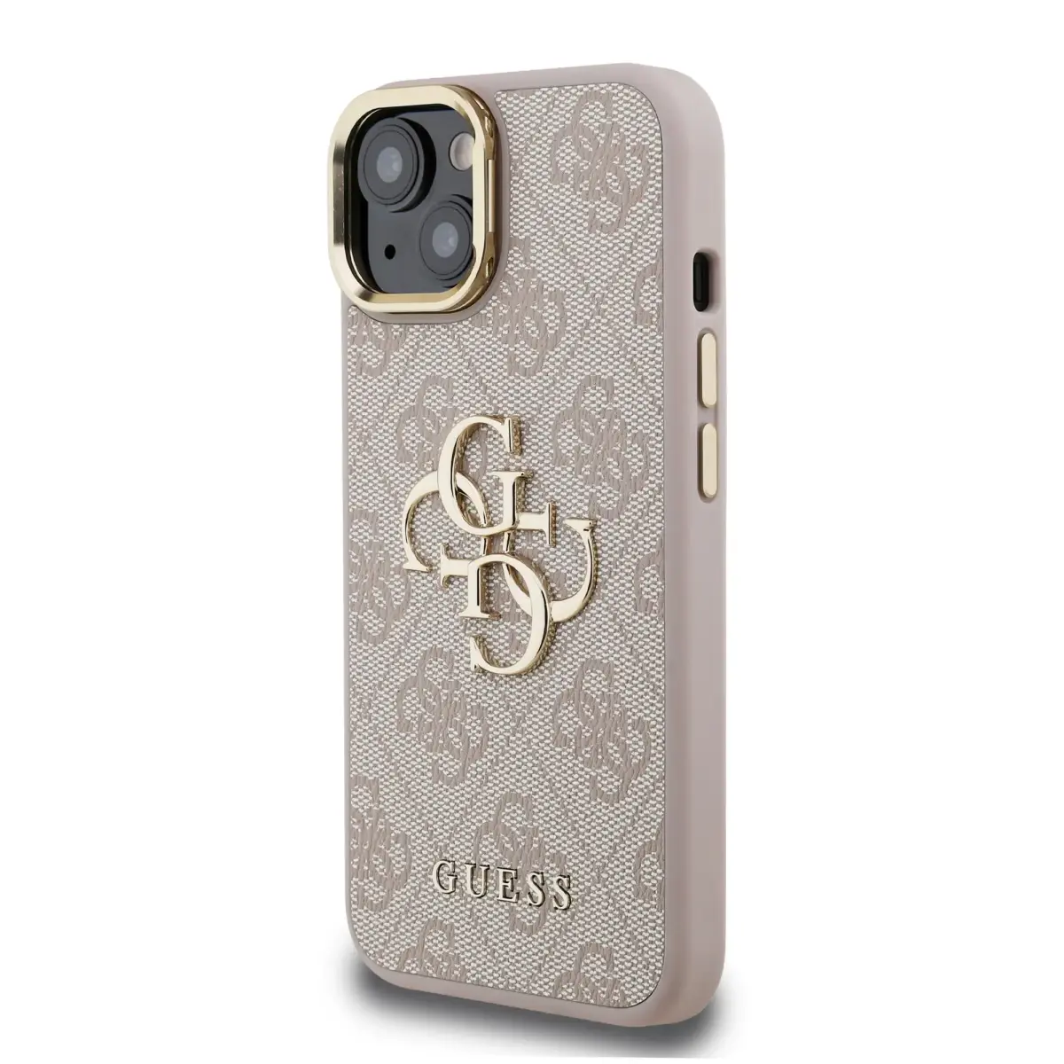 Guess PU 4G Metal Logo Stand Camera Frame telefona maciņš iPhone 15 Pink