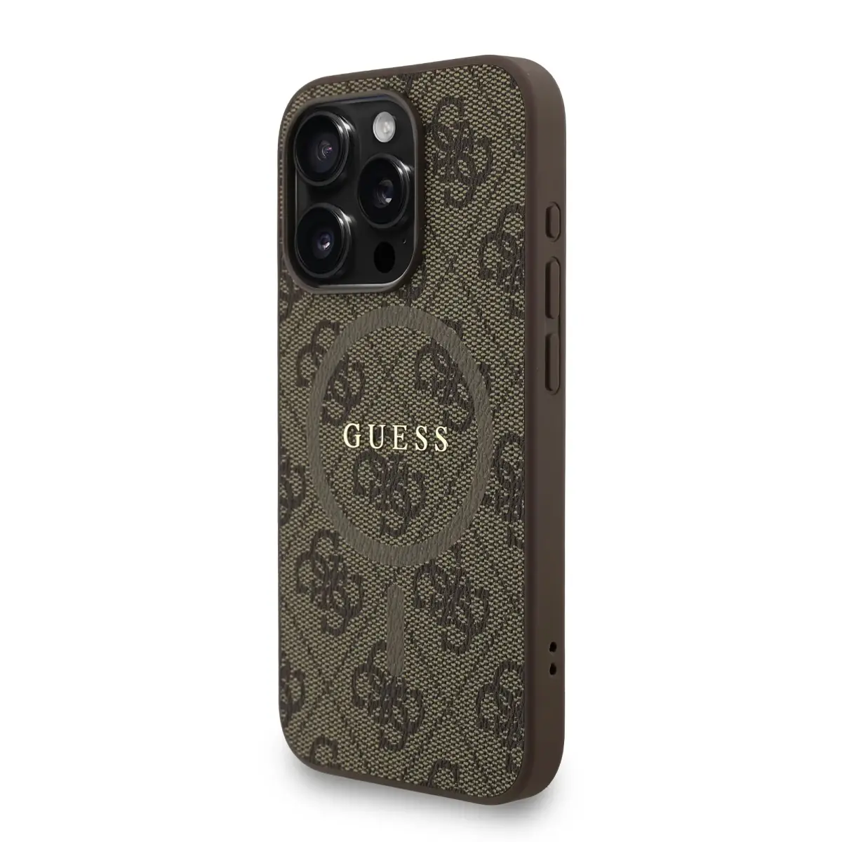 Guess PU Leather 4G Colored Ring Strap MagSafe Case for iPhone 15 Pro Brown