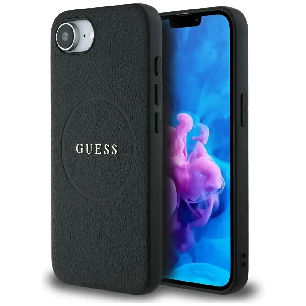 Guess Grained Ring maciņš ar MagSafe atbalstu telefonam iPhone 16e melns