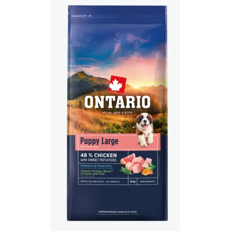 Barība kucēniem – Ontario Puppy and Junior Large, Chicken and Sweet Potatoes, 12 kg