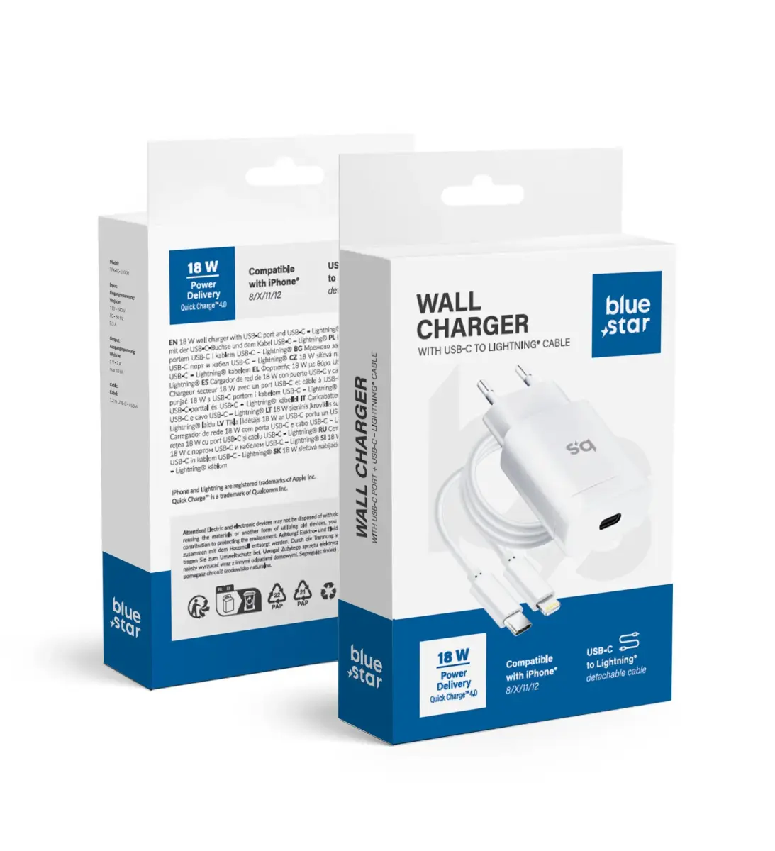 Blue Star TFK-TC-1099C tīkla lādētājs | 18W | PD, QC | USB-C, Lightning | ar USB-C uz Lightning vadu komplektā | balts