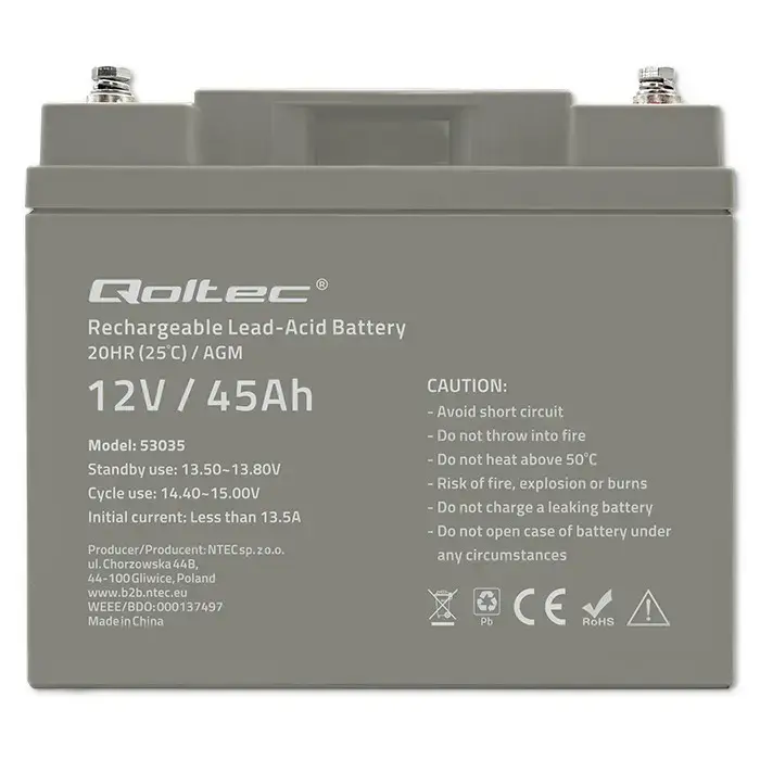 Qoltec AGM battery | 12V | 45Ah | Maintenance-free | Strong | LongLife | for UPS, RV, boat, heater