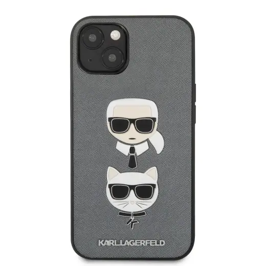 KLHCP13SSAKICKCSL Karl Lagerfeld PU Saffiano Karl and Choupette Heads Case for iPhone 13 mini Silver