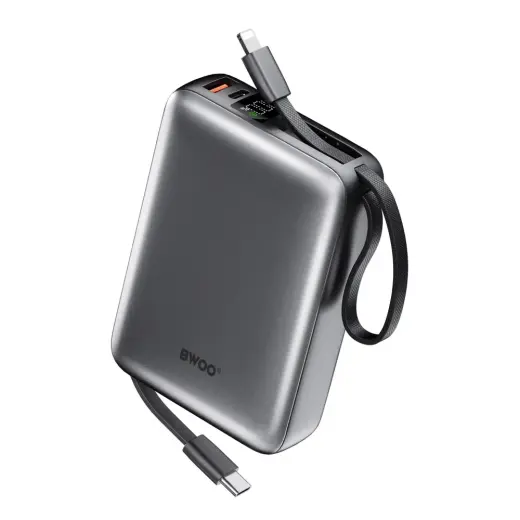 BWOO P73 išorinė baterija (powerbank) | 20 000 mAh | 22.5W | USB-C, Lightning | LED ekranas | juodas