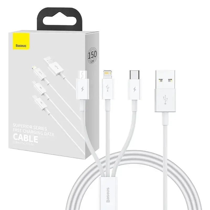 Baseus Superior Data 3-in-1 datu pārraides un uzlādes vads | USB-A uz Micro USB, Lightning, USB-C | QC | 17.5W | 1m | balts