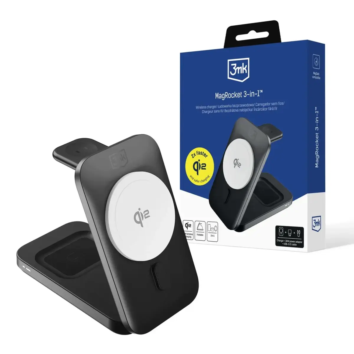 3MK MagRocket 3-in-1 bezvadu lādētājs | Qi 2.2 | Saderīgs ar MagSafe | 15W | melns