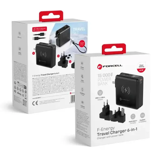 Multifunction charger Forcell F-Energy 6in1 USB A + USB C PD 45W + power bank 15000 mAh + wireless charging 15W black