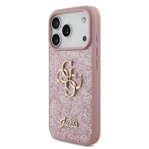 Guess PU Fixed Glitter 4G Metal Logo maciņš telefonam iPhone 18 Pro rozā