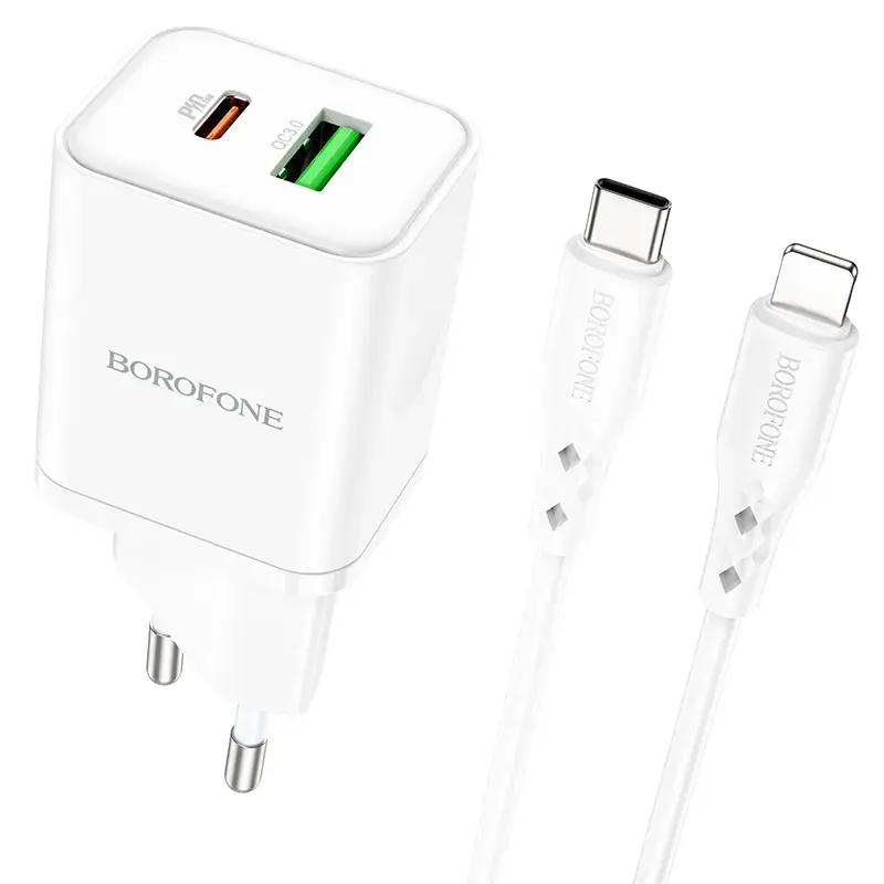 Borofone BN7 travel charger | 20W | QC3.0, PD | USB-A, USB-C | with Lightning cable included | white