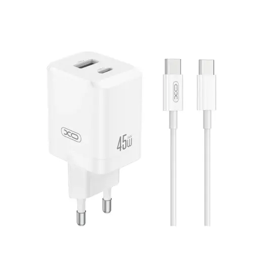 XO CE36 reisilaadija | 45W | PD | USB-C, USB-A | USB-C kuni USB-C kaabliga komplektis | valge