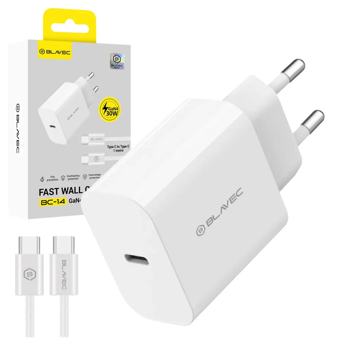 Зарядное устройство Blavec BC-14 GaN4 | 30W | PD, QC, GaN, PPS | USB-C | с кабелем USB-C на USB-C в комплекте | белое