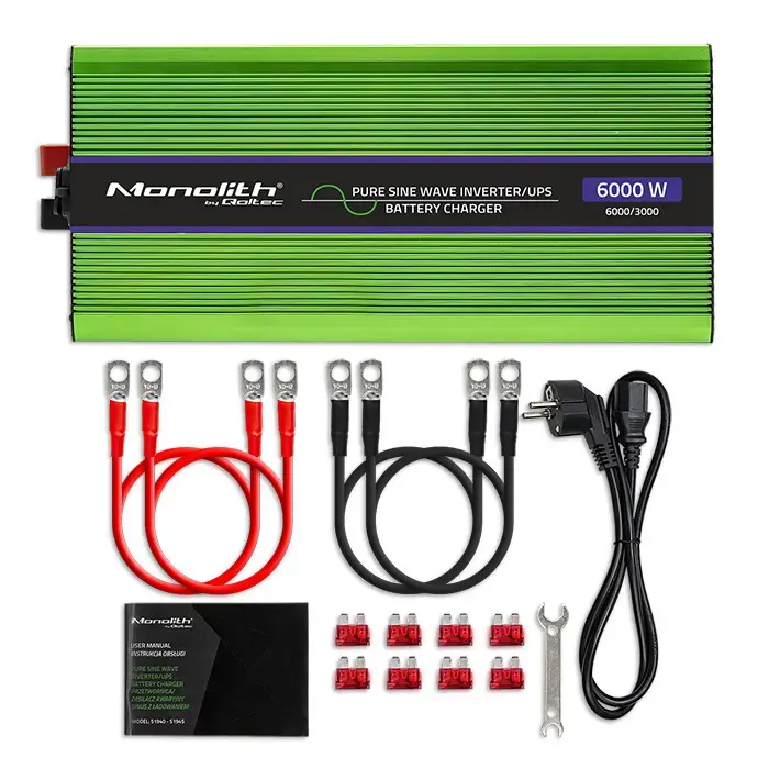 Qoltec Pure Sine Wave Inverter Monolith | battery charger | UPS | 3000W | 6000W | 12V to 230V | LCD