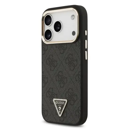 Guess 4G Strass Triangle Logo Gold Frame maciņš ar MagSafe atbalstu telefonam iPhone 18 Pro melns