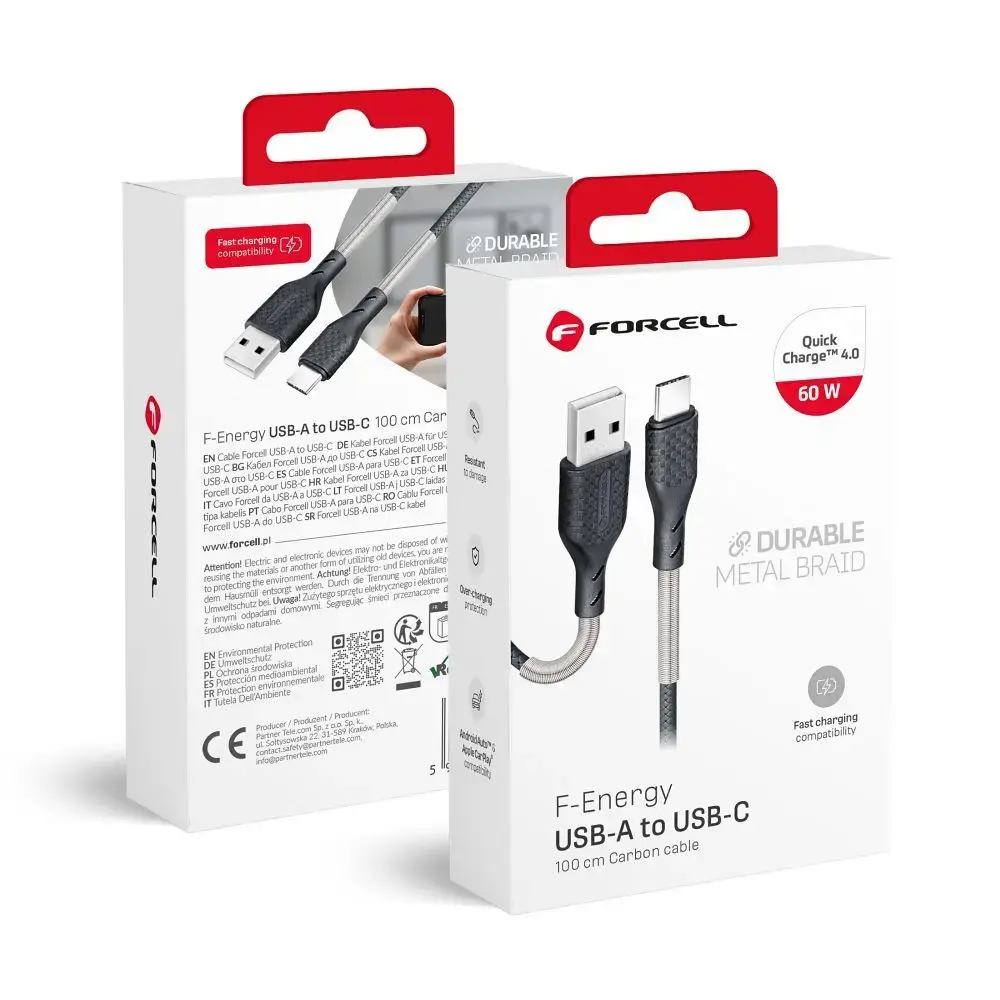 Forcell F-Energy CB-02A datu pārraides un uzlādes vads | USB-A uz USB-C | QC 4.0 | 60W | 1m | melns