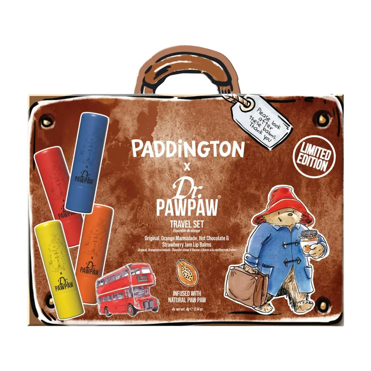 Set Dr. PawPaw: Paddington Orange Marmalade, Hydrating, Lip Balm, 4 g + Paddington Bear Original Balm, Vegan, Lip Balm, 4 g + Strawberry Jam, Hydrating, Lip Balm, 4 g + Hot Chocolate, Hydrating, Lip Balm, 4 g