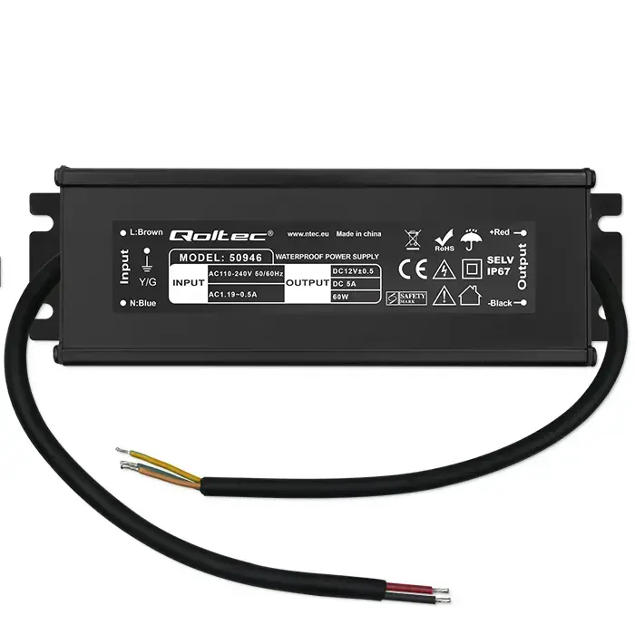 Qoltec LED Driver IP67 60W | 12V | 5A | Waterproof | Black