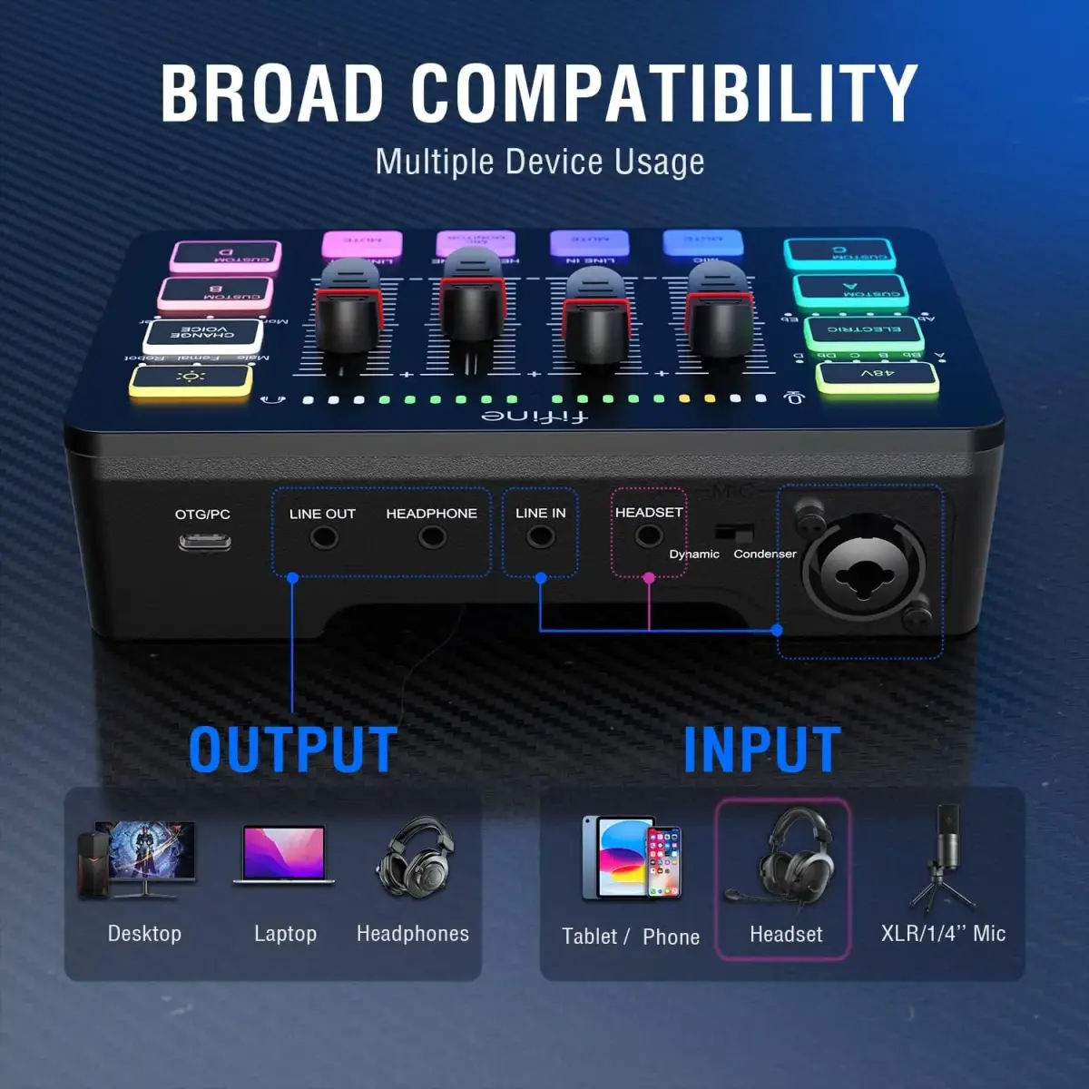 Fifine SC3 audio mikseris RGB | Straumēšana | XLR | 48V | Vokāls melns