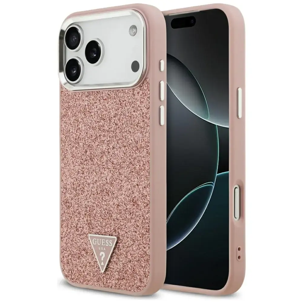Guess Glitter Triangle Logo maciņš ar MagSafe atbalstu telefonam iPhone 17 Pro Max rozā