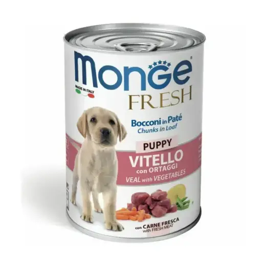Monge Dog Fresh Puppy Chunks in Loaf Veal with Vegetables — complete wet food with veal and vegetables for puppies, 400 g