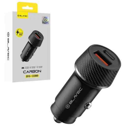 Blavec Car charger BS-03B Carbon - USB + Typ C -  QC 3.0 18W PD 30W (CCBS03BC-UCB) czarna