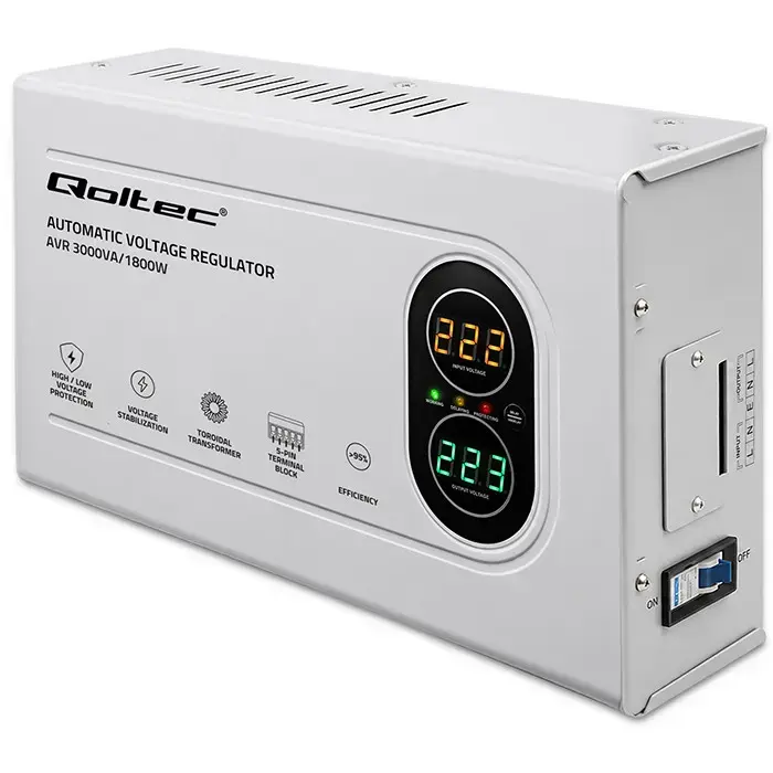 Qoltec Automatic Voltage Stabilizer AVR 3000VA | 1800W | Compact | Toroidal transformer