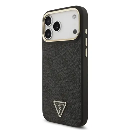 Guess PU Leather 4G Strass Triangle Logo Gold Frame MagSafe Case for iPhone 17 Pro Max Black