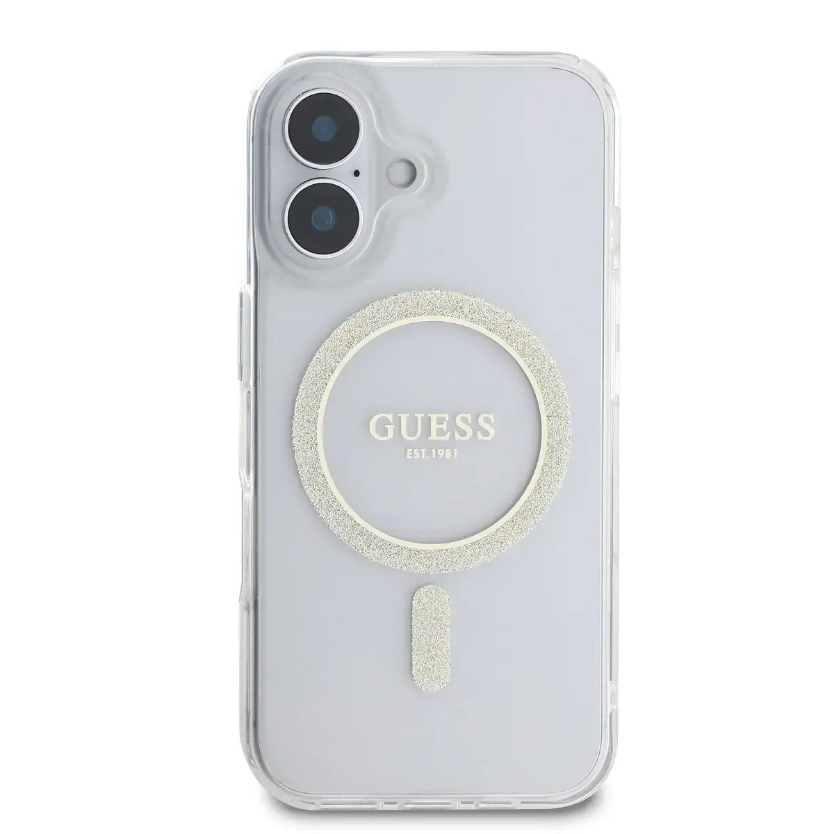 Guess IML Glitter Ring MagSafe Case for iPhone 16 Plus Transparent