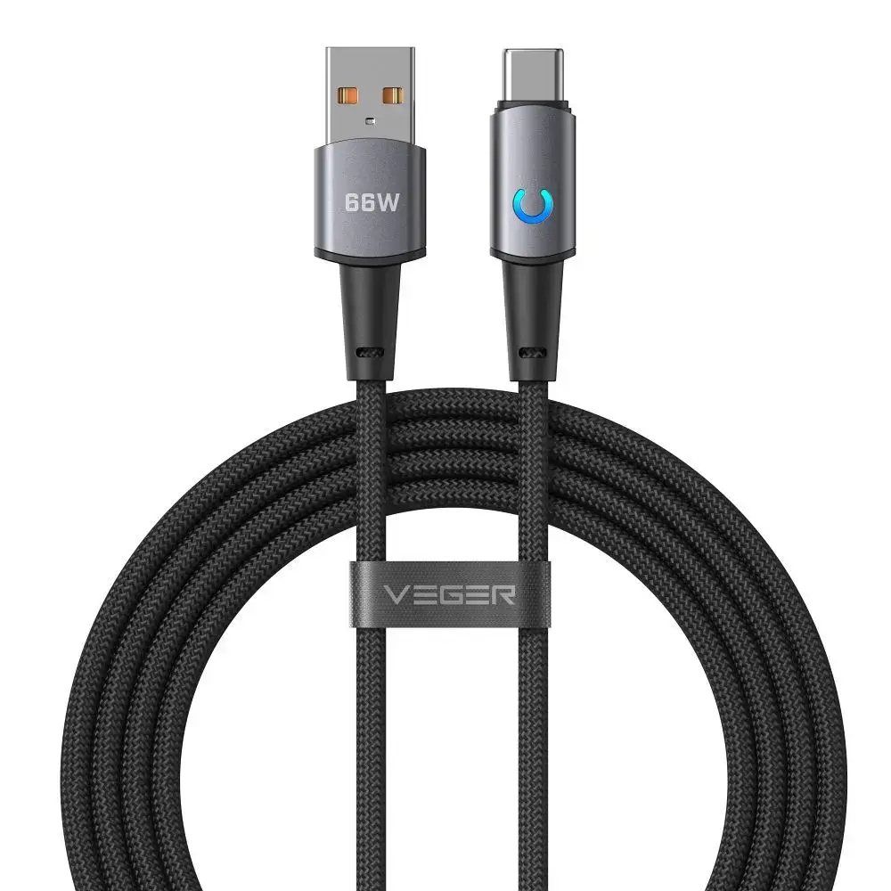 Cable with LED light indicator USB A to Type C VEGER PD 3A 66W AC1-ZSD 1,2 m black