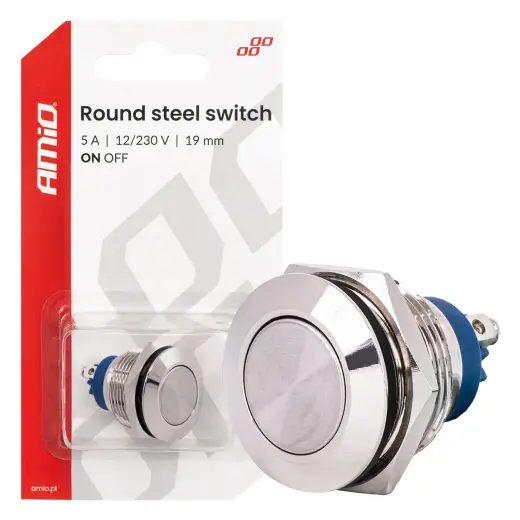 Round steel switch  ON/OFF 19mm 5A 12/230V AMIO-04474