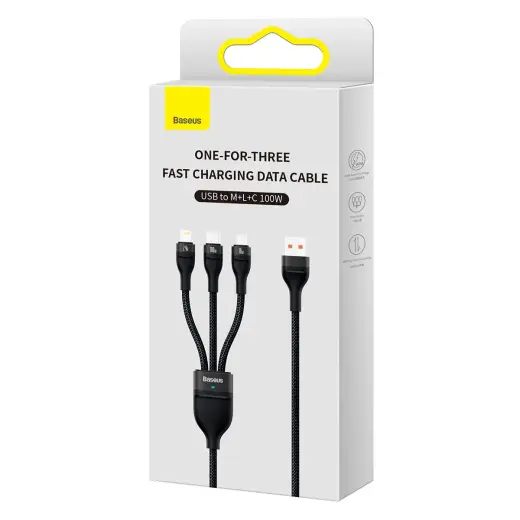 Baseus Flash Series II 3-in-1 data transfer and charging cable | USB-A to USB-C, Lightning, Micro USB | 100W | 1.2m | black