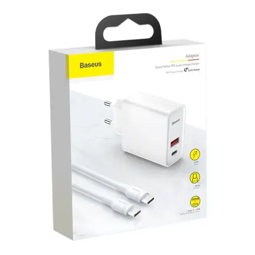Baseus TZCAFS-A02 Universal Travel Charger USB | Type-C | PD | 20V | 5A + Type-C Cable 1M White