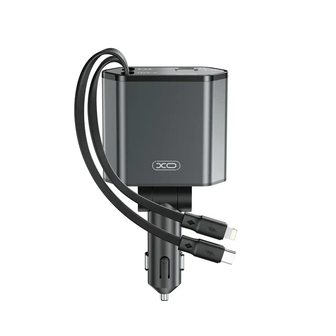 XO car charger | 104W | USB, USB-C | with USB-C and Lightning cables included | gray