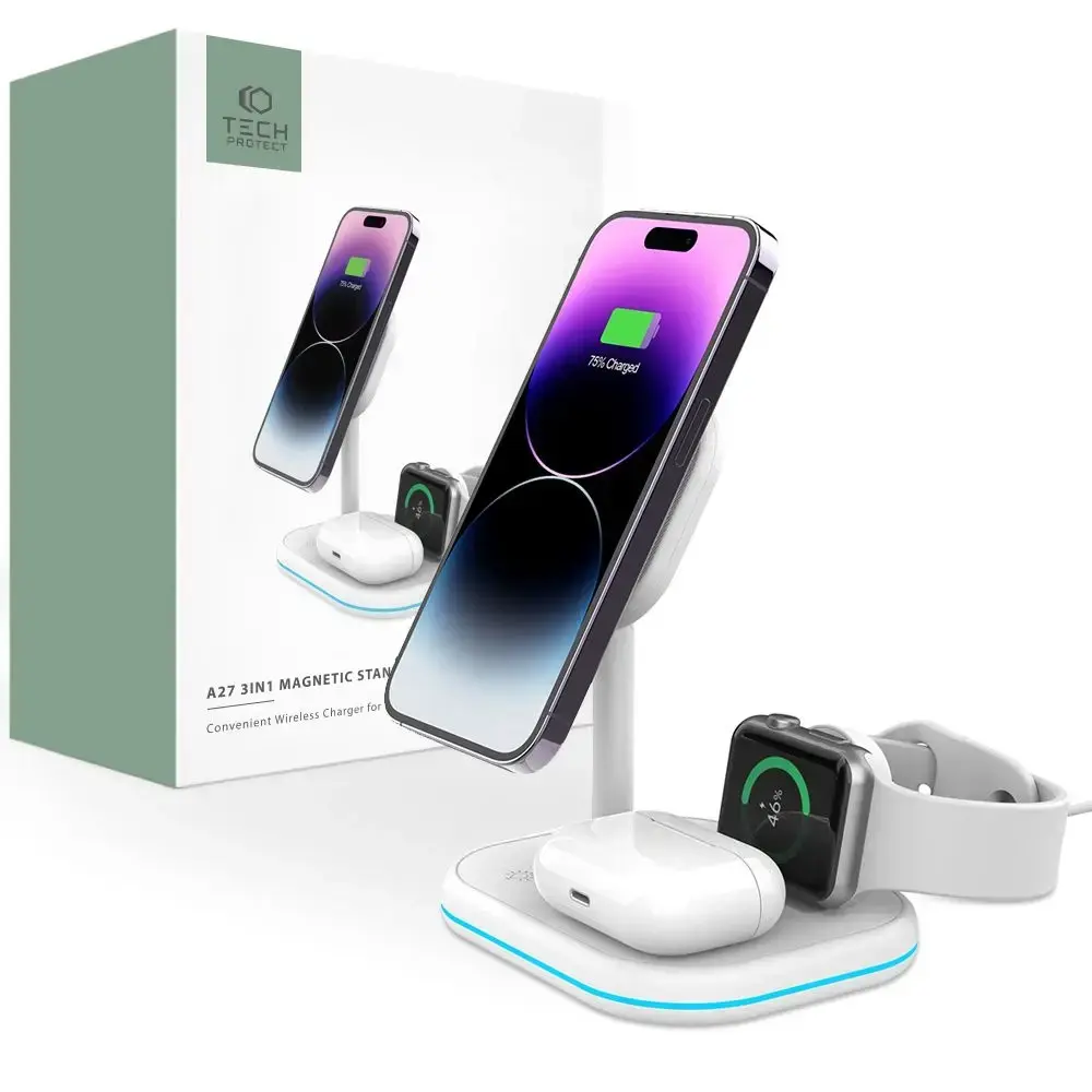 Tech-Protect QI15W-A27 3-in-1 bezvadu lādētājs | Qi | Saderīgs ar MagSafe | 15W | balts