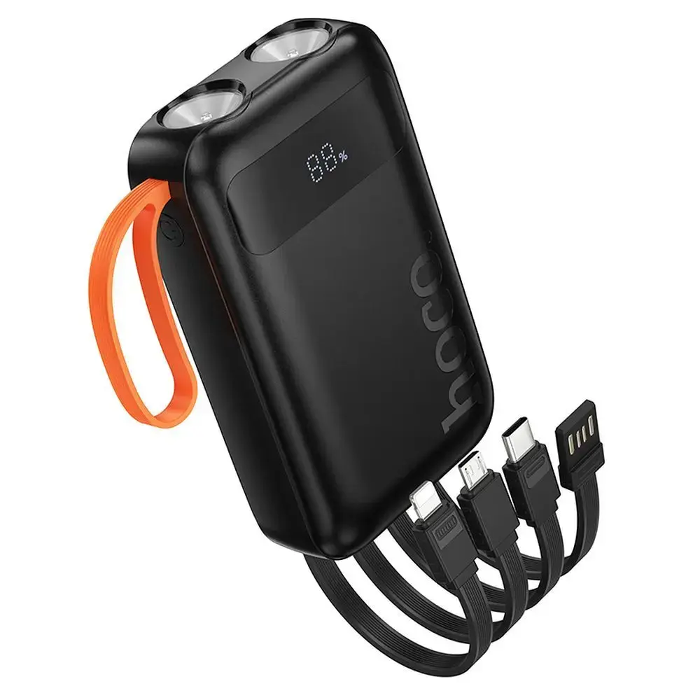 Hoco J151 ārējais akumulators (powerbank) | 10 000 mAh | 10W | USB-A, USB-C, Lightning, Micro USB | LED lukturītis | melns