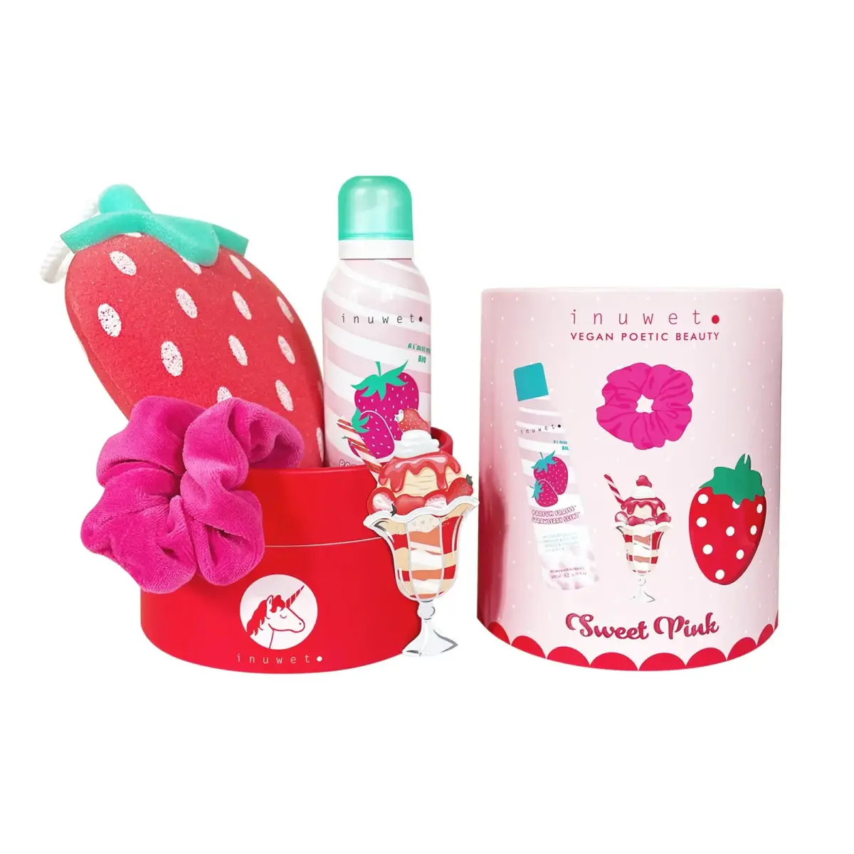 Set Inuwet: Strawberry, Cleansing & Moisturising, Shower Mousse, 200 ml + Scrunchy, Hair Elastic + Strawberry, Body Sponge + Strawberry, Gift Sticker