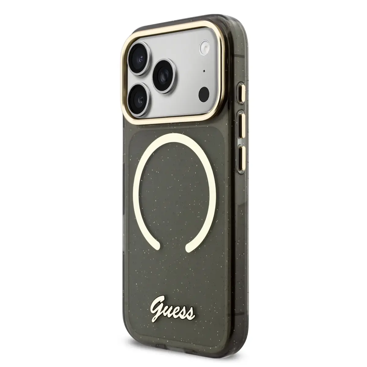 Guess IML Glitter Script Strap maciņš ar MagSafe atbalstu telefonam iPhone 17 Pro melns