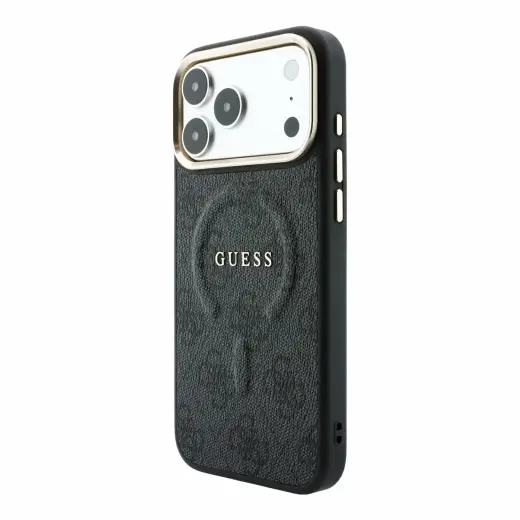 Guess PU Leather 4G Gold Frame Embossed MagSafe Case for iPhone 18 Pro Max Black