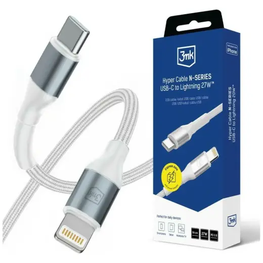 3MK Hyper N-SERIES duomenų perdavimo ir įkrovimo laidas | USB-C į Lightning | PD 3.0 | 27W | 0.5m | baltas