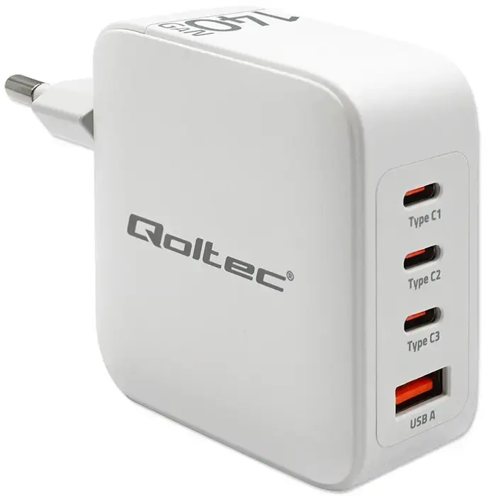 Qoltec Charger tīkla lādētājs | 140W | PD, GaN | USB-C, USB-A