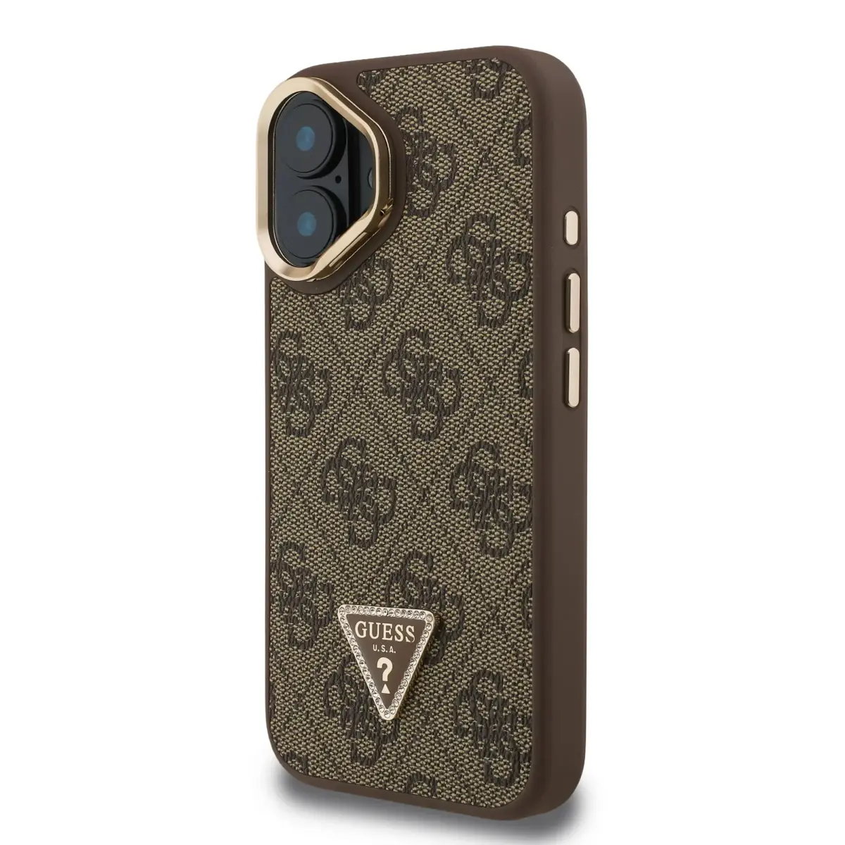 Guess PU 4G Strass Triangle Logo Stand Camera Frame MagSafe Case for iPhone 16 Brown