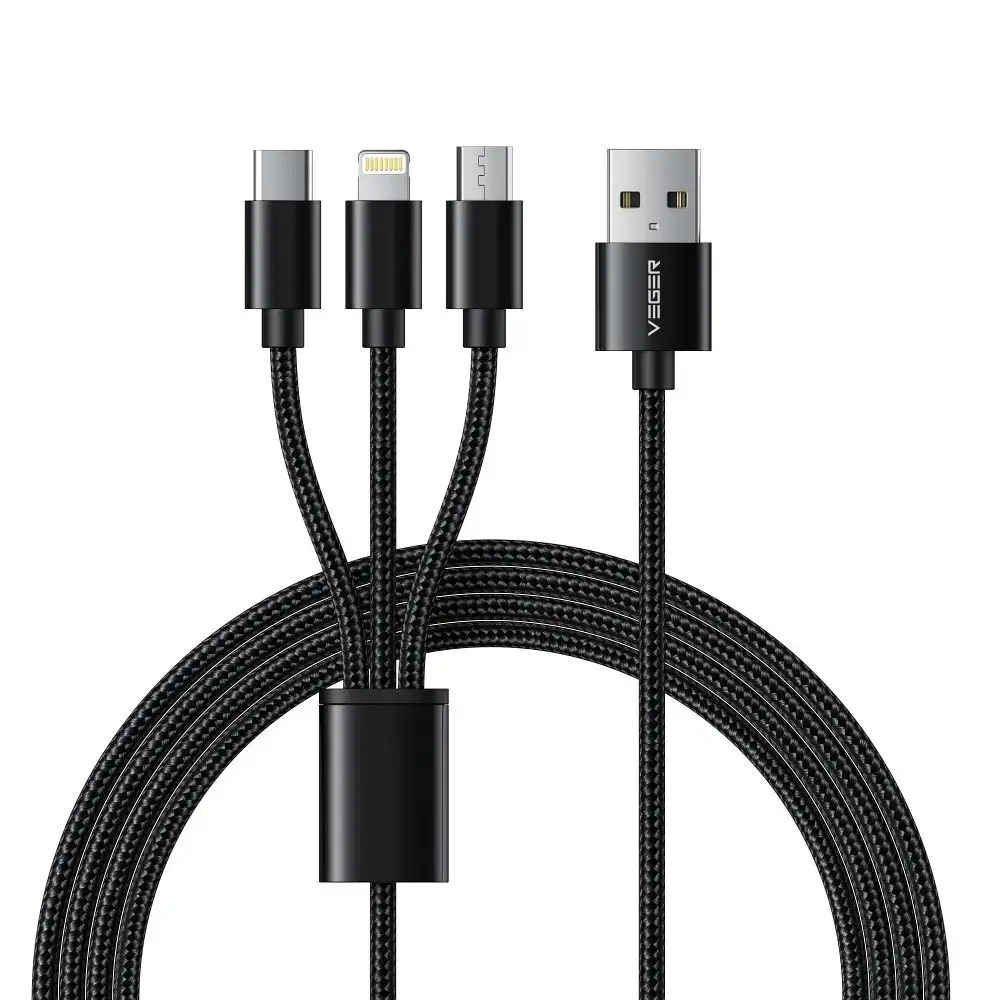 Veger V303 3-in-1 datu pārraides un uzlādes vads | USB-A uz Lightning, USB-C, Micro USB | 12W | 1.2m | melns
