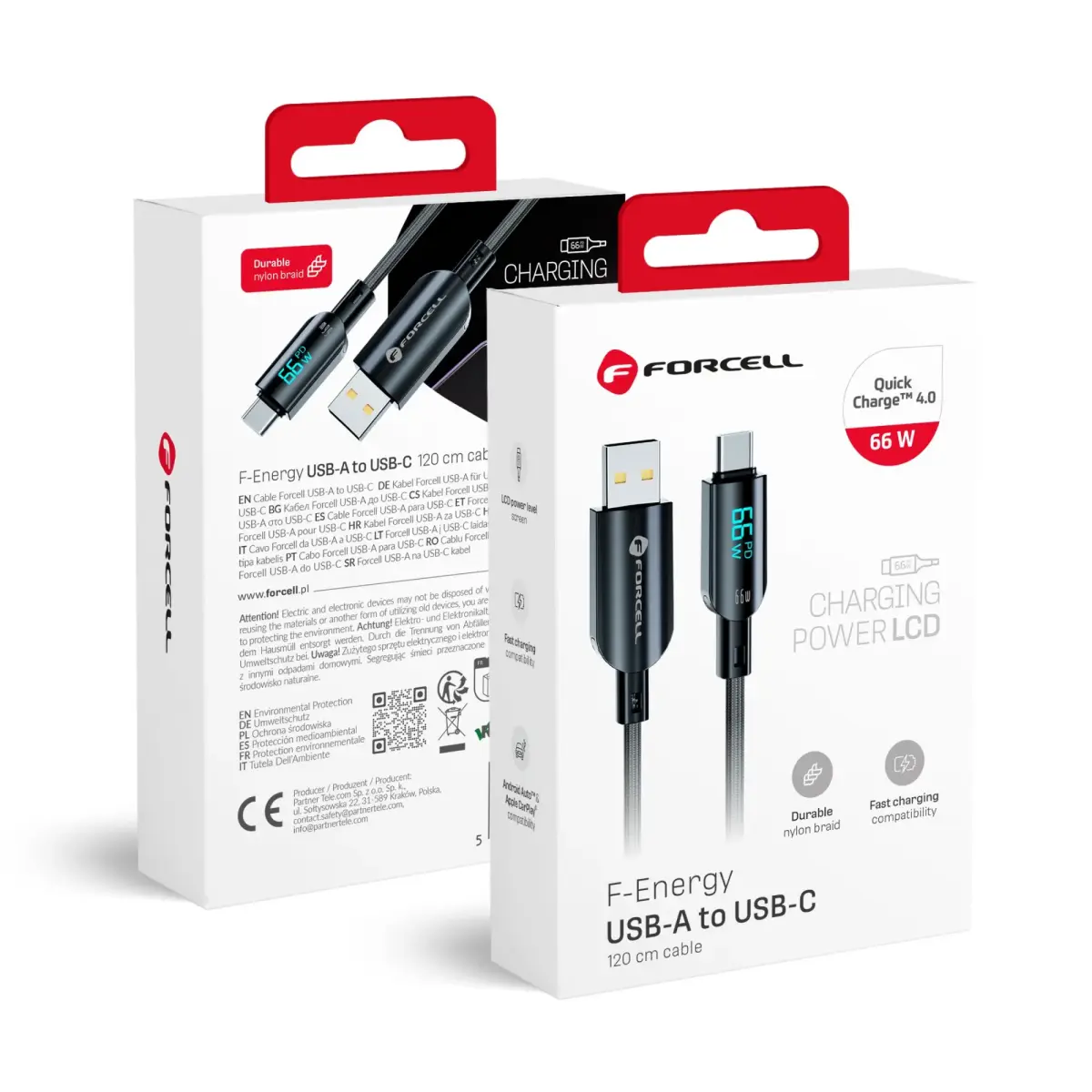Forcell C272 datu pārraides un uzlādes vads | USB-A uz USB-C | QC 4.0, PD | 66W | ar LED ekrānu | 1.2m | melns