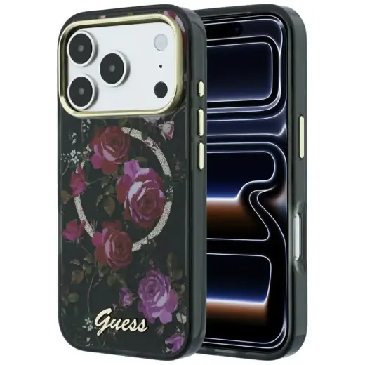Case Guess IML Glitter Blossom Roses MagSafe for iPhone 18 Pro Max / 17 Pro Max black