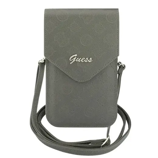 Guess Hot Stamped Peony Leather Phone Bag with Metal Classic Logos & Strap – Brown